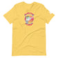 A vibrant yellow t-shirt featuring a playful graphic of a possum wearing green sunglasses. The circular logo on the shirt reads "AWESOME POSSUM" in bold letters, curved around the top and bottom of the circle. The background of the circle is striped with warm tones, adding a fun and eye-catching design to the casual tee. The shirt has a relaxed fit and a crew neckline, suitable for a cheerful and laid-back look.