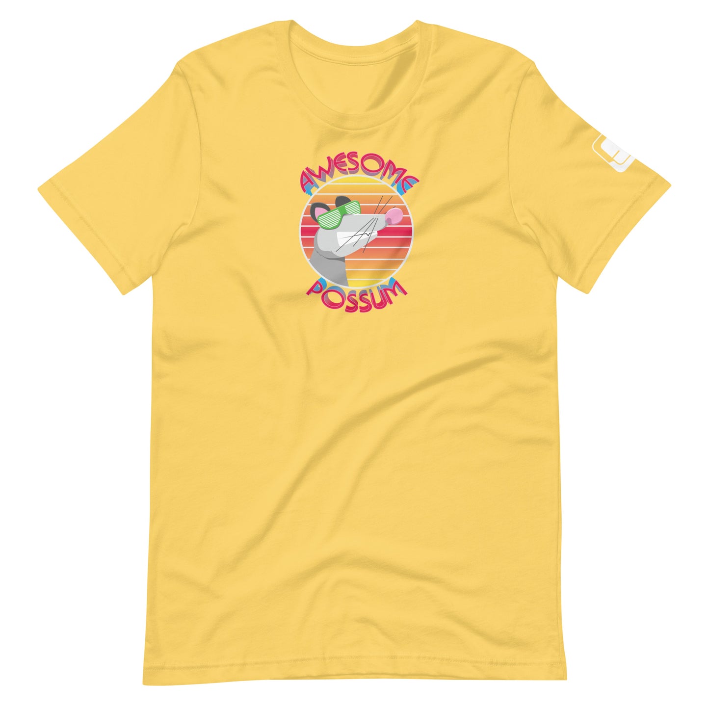 A vibrant yellow t-shirt featuring a playful graphic of a possum wearing green sunglasses. The circular logo on the shirt reads "AWESOME POSSUM" in bold letters, curved around the top and bottom of the circle. The background of the circle is striped with warm tones, adding a fun and eye-catching design to the casual tee. The shirt has a relaxed fit and a crew neckline, suitable for a cheerful and laid-back look.