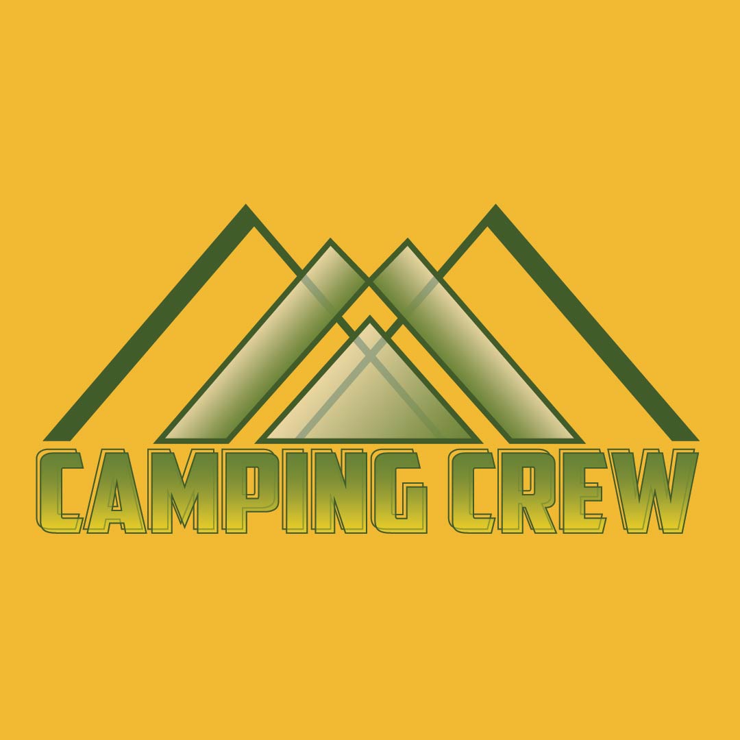 A bold graphic design on a golden yellow t-shirt featuring the text 'CAMPING CREW' in reflective green with a chrome effect. Above the text, an abstract representation of three overlapping green mountain peaks creates a layered visual, suggesting the tranquility and adventure of the great outdoors. The design cleverly utilizes shades of green and subtle white highlights to add depth and dimension, making it ideal for any camping enthusiast