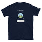 A navy blue t-shirt featuring a creative graphic that mimics a smartphone interface. The graphic includes a circular icon showcasing a simplified black camper trailer set against a backdrop of blue skies and green grass. Above the icon, the text "Camper outdoors, USA" is displayed. Below the icon are interactive-style options: "Remind Me," "Message," and a "slide to answer" call action. The design cleverly combines outdoor camping themes with elements of modern technology, providing a playful twist on typic