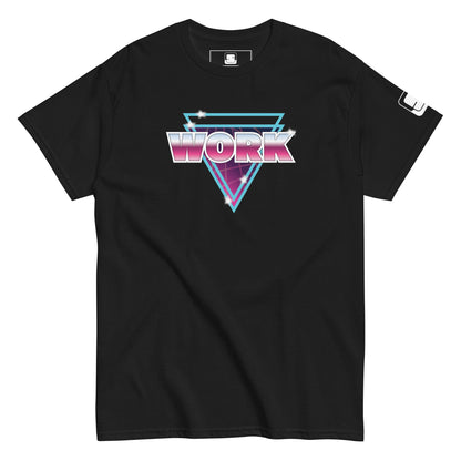 A black T-shirt displays a vibrant design featuring the word 'WORK' in reflective pink chrome letters. The typography is accentuated with neon blue and purple triangular shapes behind it, creating a retro 80s visual style. This dynamic and eye-catching graphic is enhanced by subtle glares and twinkling stars, set against the shirt's dark background.