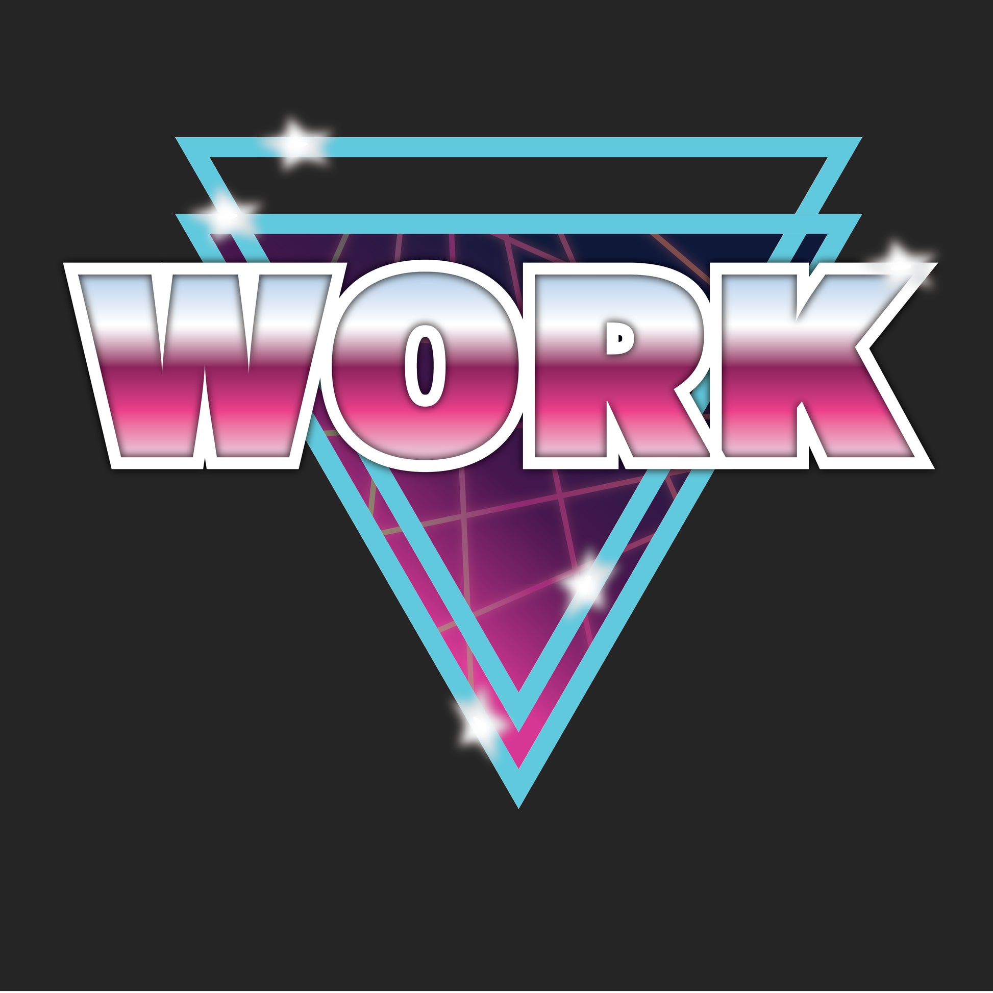 This design features a bold graphic with the word "WORK" in large, pink chrome letters, set against stylized, neon blue and purple triangles that resemble an 80’s inspired background. The design is highlighted by subtle glares and stars, enhancing its dynamic and eye-catching retro vibe.