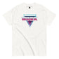 A white T-shirt featuring a bold, stylized design of the word 'WORK' in large pink chrome letters. The letters are set against a background of overlapping neon blue and purple triangles, reminiscent of an 80s inspired aesthetic. The design includes subtle glares and stars that enhance its dynamic and retro appeal.