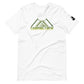 A crisp white t-shirt features a bold 'CAMPING CREW' graphic centered on the chest. The design includes stylized mountain peaks integrated within the text, highlighted in a reflective green shade that stands out against the shirt's clean background. This t-shirt is tailored for those who love outdoor adventures.