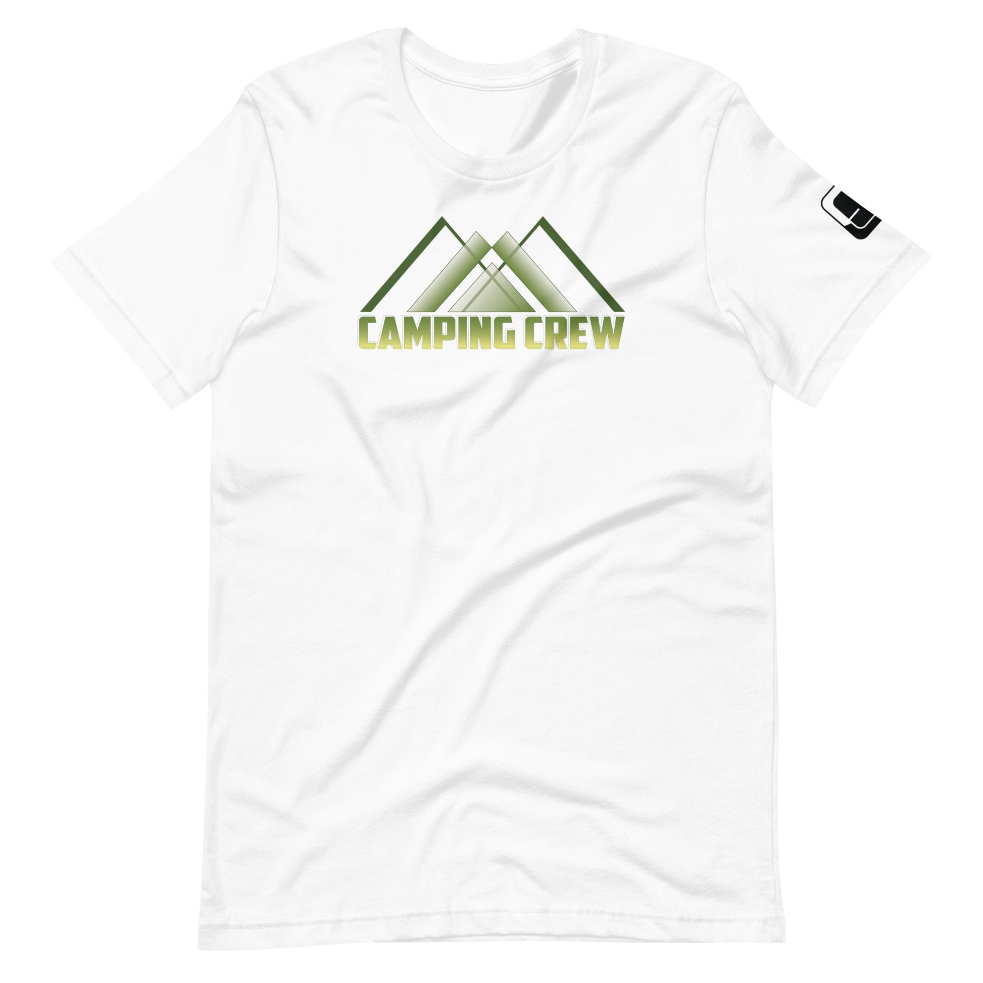 A crisp white t-shirt features a bold 'CAMPING CREW' graphic centered on the chest. The design includes stylized mountain peaks integrated within the text, highlighted in a reflective green shade that stands out against the shirt's clean background. This t-shirt is tailored for those who love outdoor adventures.