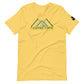 A bright yellow t-shirt featuring the phrase 'CAMPING CREW' in bold, green to yellow gradient lettering, styled with an abstract mountain peak design above the text. This shirt is designed for outdoor enthusiasts, emphasizing a connection to nature and group adventures.