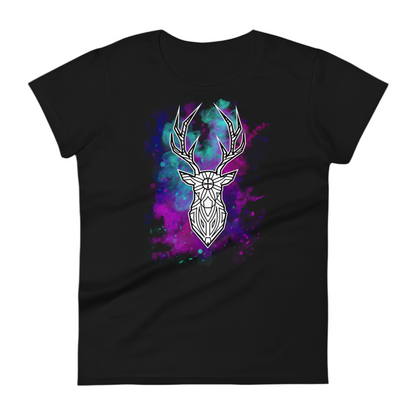 A black T-shirt featuring a striking white geometric deer head design, set against a vibrant, multicolored nebula background in shades of purple, blue, and pink. The intricate details of the deer's antlers and face add a mystical and artistic touch to the shirt.