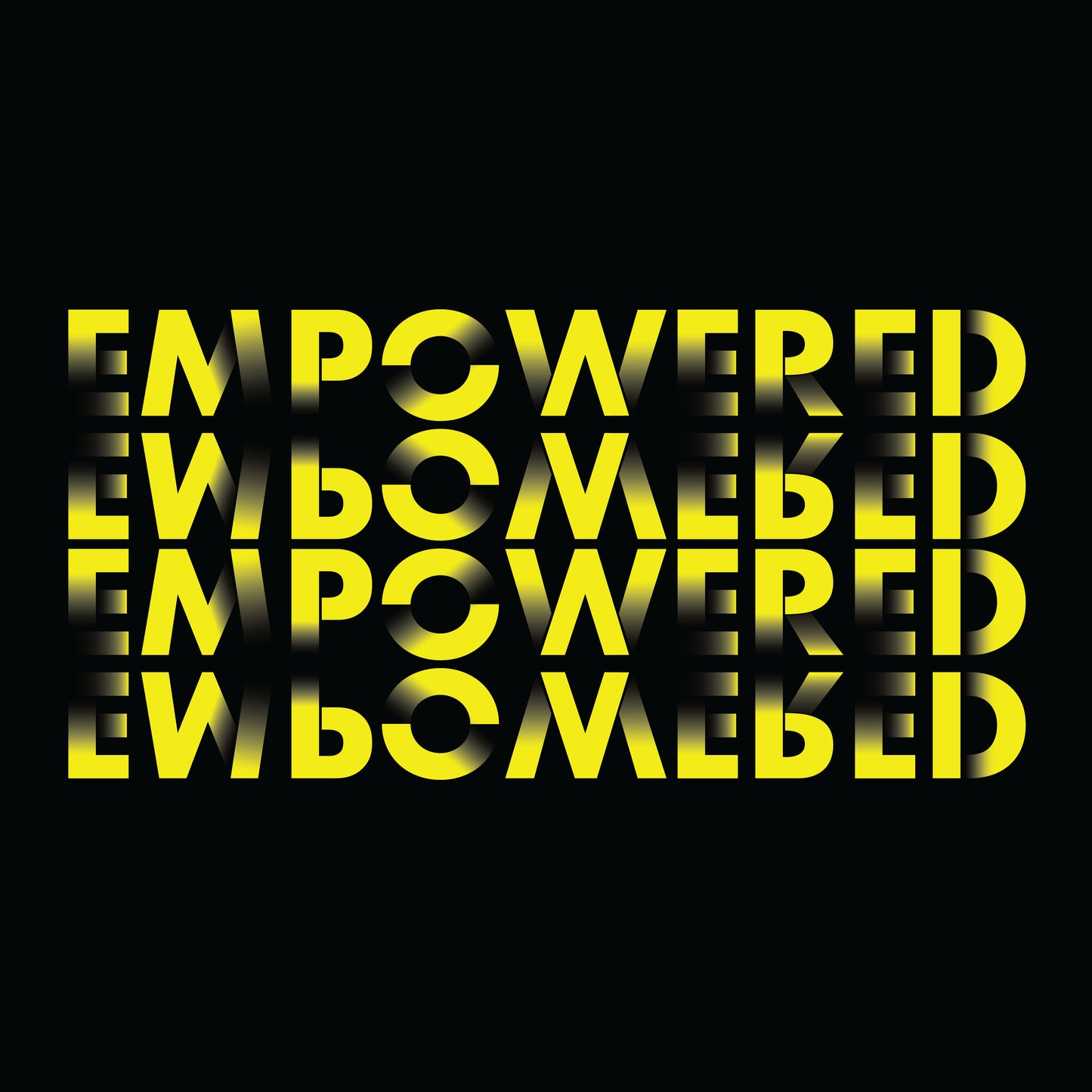 A graphic design featuring the word "EMPOWERED" repeated four times in a stacked, interlocking layout creating a three-dimensional cube effect. The typography is bold and stylized, rendered in a striking yellow against a black background, enhancing the visual impact of the message. The design cleverly uses the arrangement of the letters and color contrast to draw attention to the empowering theme.