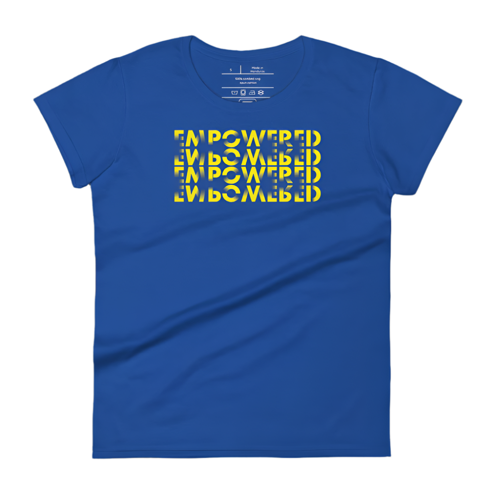 A vibrant blue t-shirt showcases a striking graphic design with the word "EMPOWERED" repeated four times in golden yellow. The text is arranged in a visually captivating style that forms a cube-like illusion, enhancing the dynamic and bold nature of the message. This modern design stands out against the blue background, making it a strong statement piece.