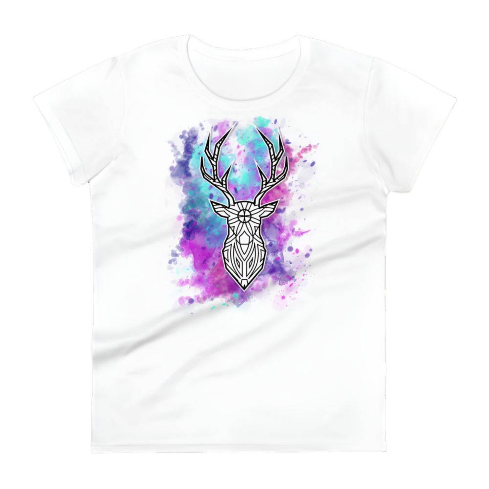 A white t-shirt featuring an artistic design of a geometric deer head outlined in black. The background showcases a vibrant watercolor effect blending shades of purple, blue, and teal, creating a striking contrast against the clean white fabric. The design exudes a modern and creative aesthetic.