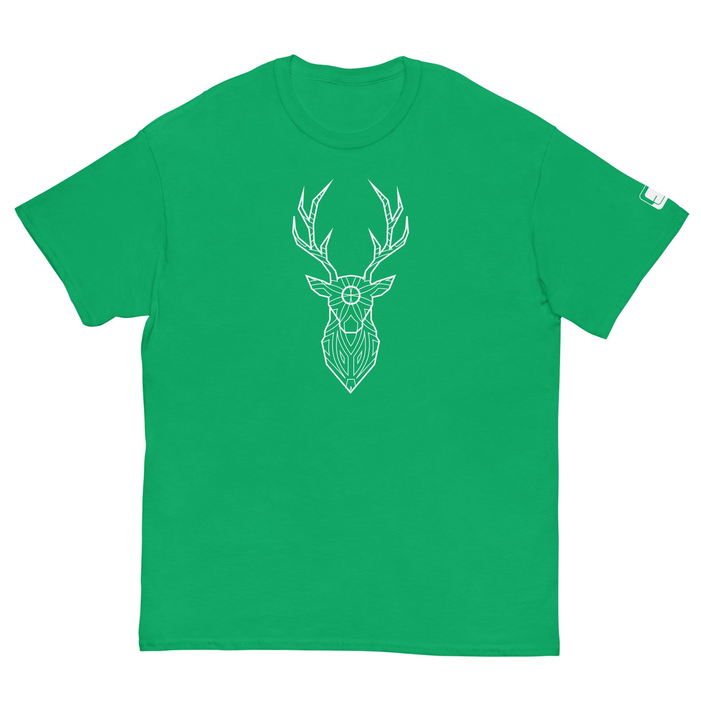 A flat view of a irish green t-shirt showcasing a white, stylized deer head design in the middle, ideal for casual wear.