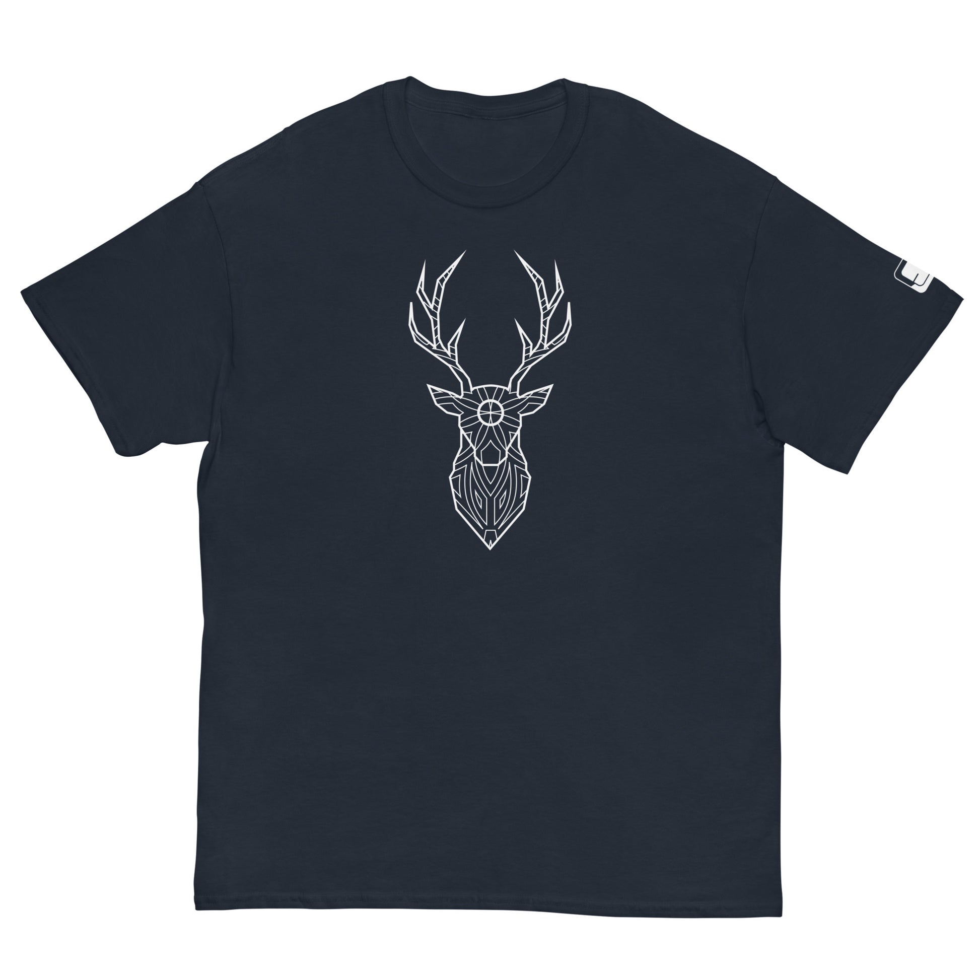 A navy blue t-shirt flatly presented with a white stylized deer head design, ideal for a casual yet trendy outfit.