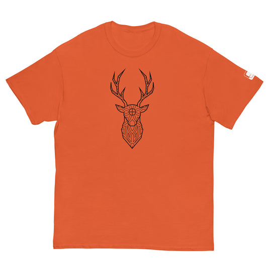 Orange T-shirt featuring a detailed, geometric deer head design centered on the chest. The design showcases intricate line work and symmetrical patterns, emphasizing the deer's antlers and facial features.