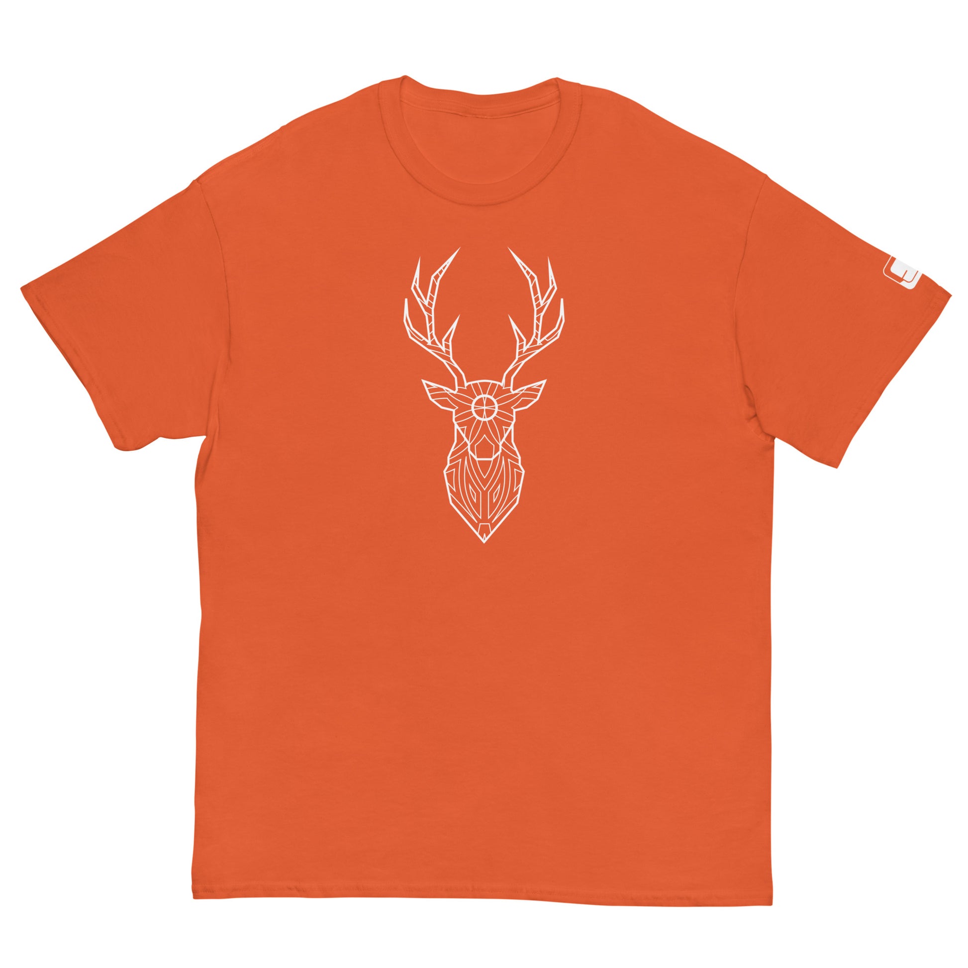 A flat display of an orange t-shirt featuring a white, geometric deer head design on the front, adding a touch of nature-inspired style.