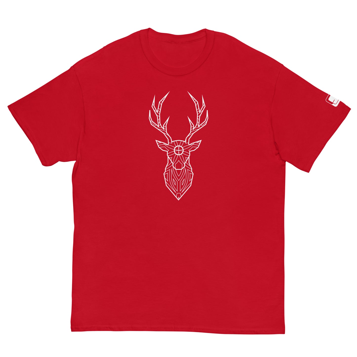 A flat view of a vibrant red t-shirt featuring a prominent white, geometric deer head design centered on the chest area.