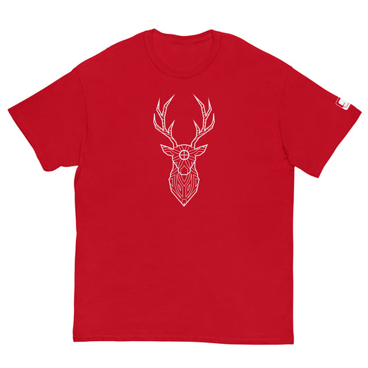 A flat view of a vibrant red t-shirt featuring a prominent white, geometric deer head design centered on the chest area.