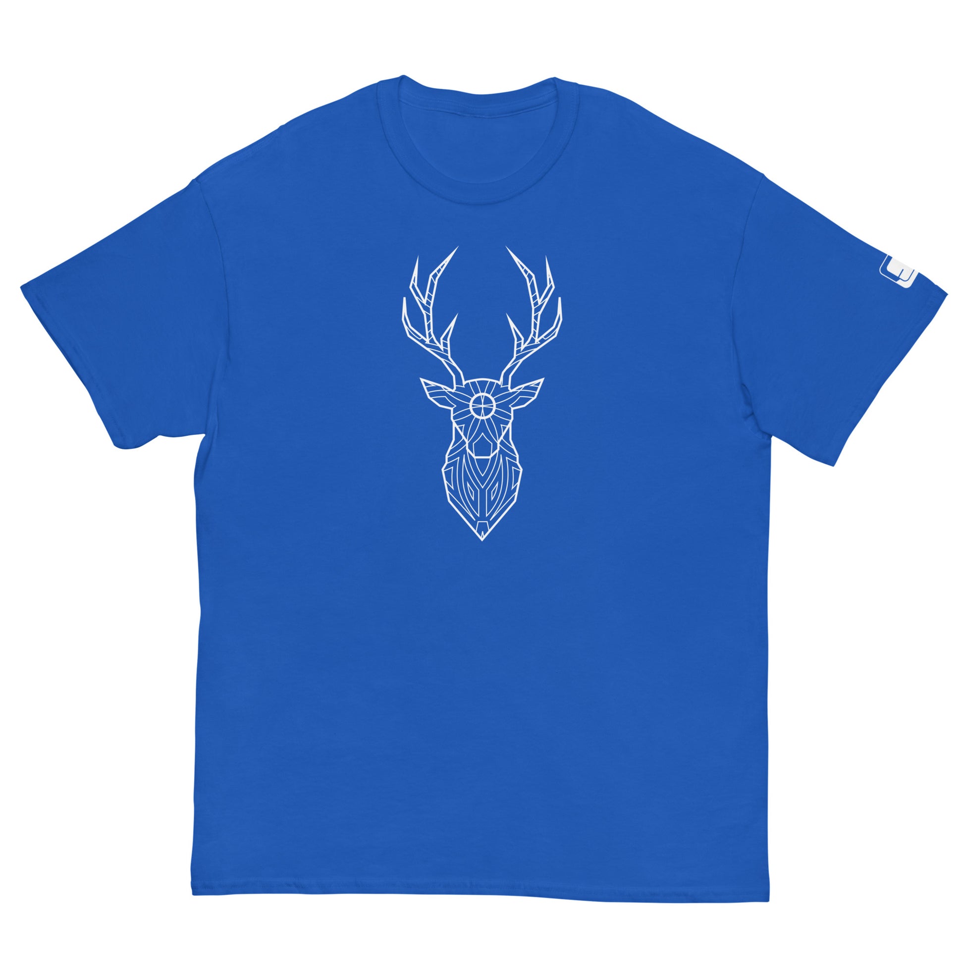 A bright royal blue t-shirt laid flat, featuring a distinctive geometric white deer head design at the center, combining simplicity with modern style.